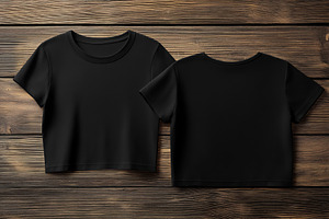 A flat lay of a black cropped t-shirt mockup on a rustic wooden background. The, a Shirt Mockup by Textures & Backgrounds