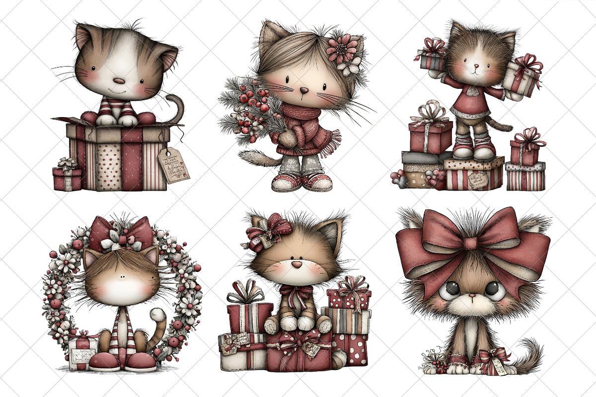 Whimsical Christmas Cat Clipart, an Illustration by SinaCreation (Photo 3 of 8)