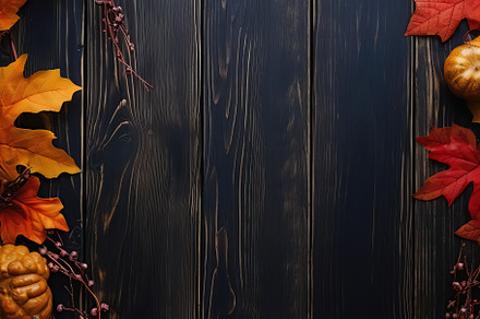 Autumn leaves and pumpkins on brown wooden background. Generative AI, a Nature Photo by AlyaAnd