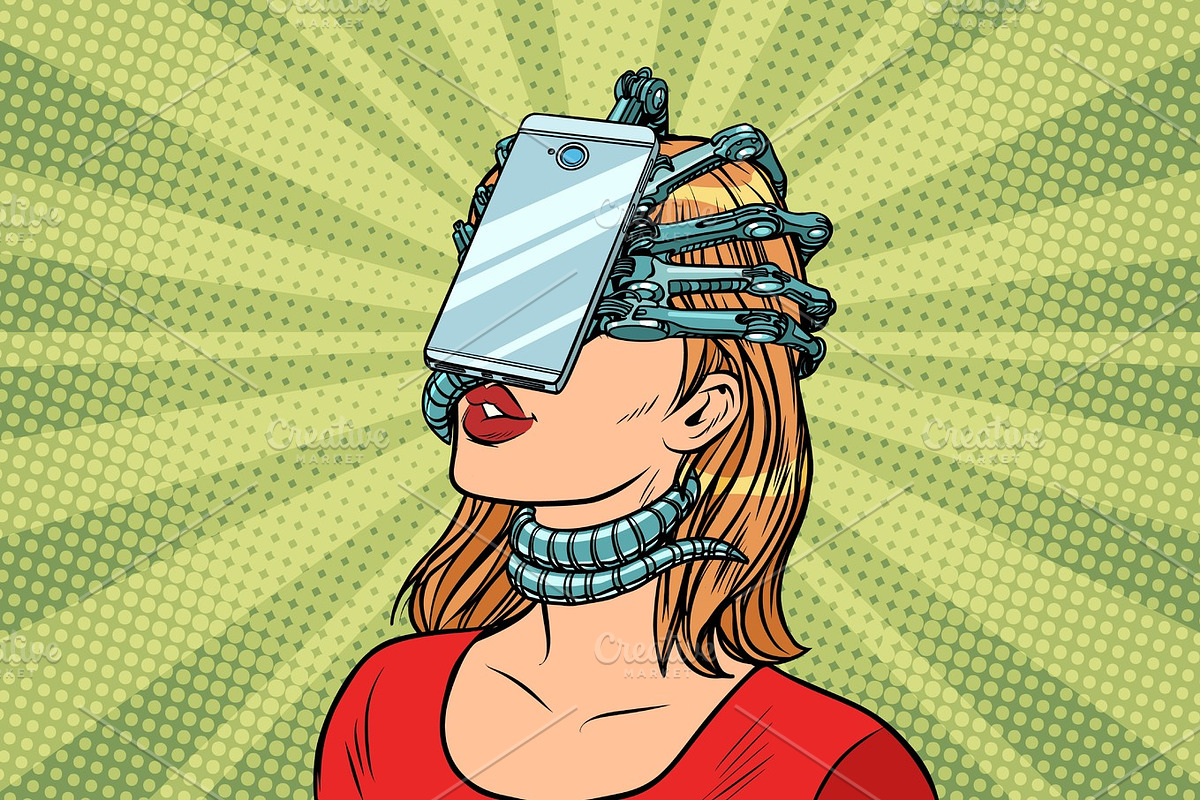 face id smartphone parasite, woman and Internet addiction, a Person Illustration by studiostoks