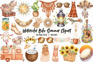 Watercolor Boho Summer Clipart, an Illustration by Libby Wishes