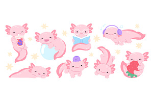 Cartoon axolotl characters. Funny, an Animal Illustration by LadadikArt