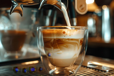 Latte being poured into a glass mug,, a Photo by Iftikhar Alam