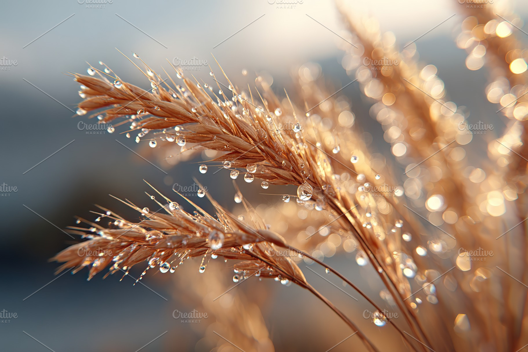 Dewdrops glisten on dried golden grass during a calm morning light, a Nature Photo by AlyaAnd