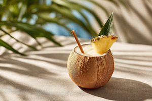 Refreshing coconut drink with pineapple garnish on a tropical setting during da, a Food & Drink Photo by AlyaAnd