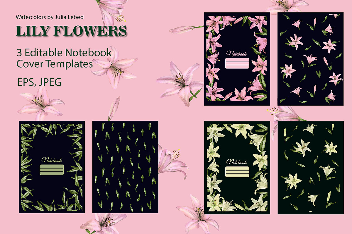 Lily Flowers Notebook Covers, a Stationery Template by L- design studio (Photo 3 of 5)
