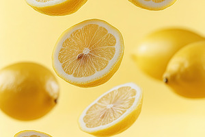 Lemons floating in the air against a bright yellow background creating a vibran, a Food & Drink Photo by AlyaAnd