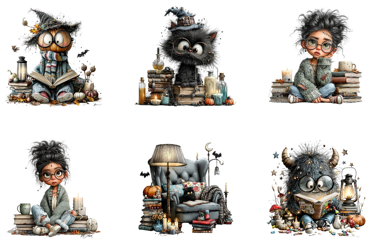 Halloween Book Lover Clipart Bundle, a Seasonal Illustration by CreationArt (Photo 3 of 7)