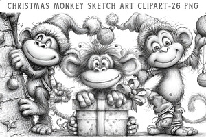 Christmas Monkey Sketch Art Clipart, an Illustration by Libby Wishes
