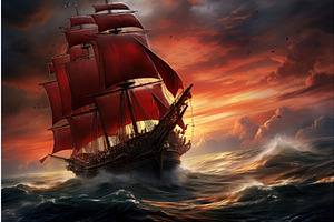 Majestic sailing ship on stormy seas, an Illustration by Ylivdesign
