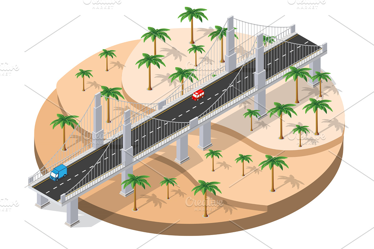 Cars crossing suspension bridge over, a Transportation Illustration by AlexZeL