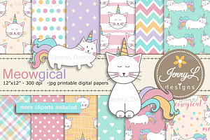 Caticorn Cat Digital Paper & Clipart, a Pattern Graphic by JennyL Designs