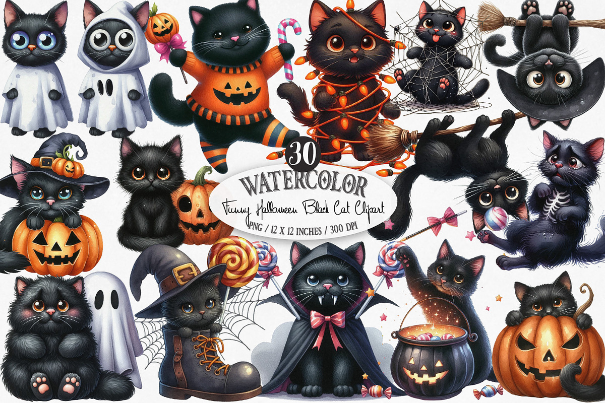 Funny Halloween Black Cat Clipart, an Illustration by Designking (Photo 1 of 4)