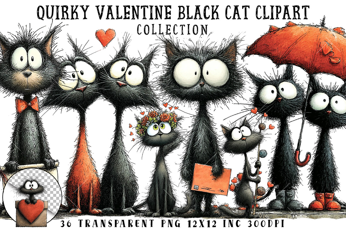 Quirky Valentine Black Cat Clipart, an Illustration by OK Design (Photo 1 of 6)