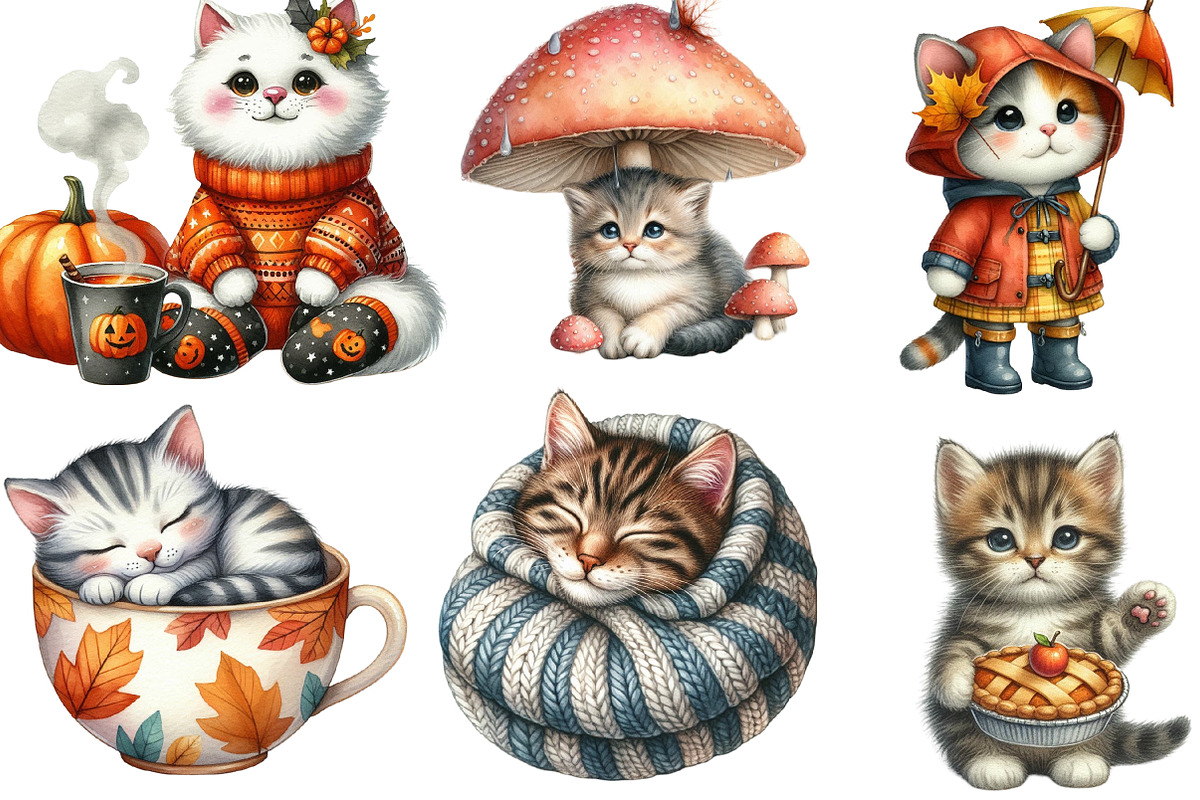 Watercolor Autumn CAT Clipart, an Illustration by Designking (Photo 3 of 4)