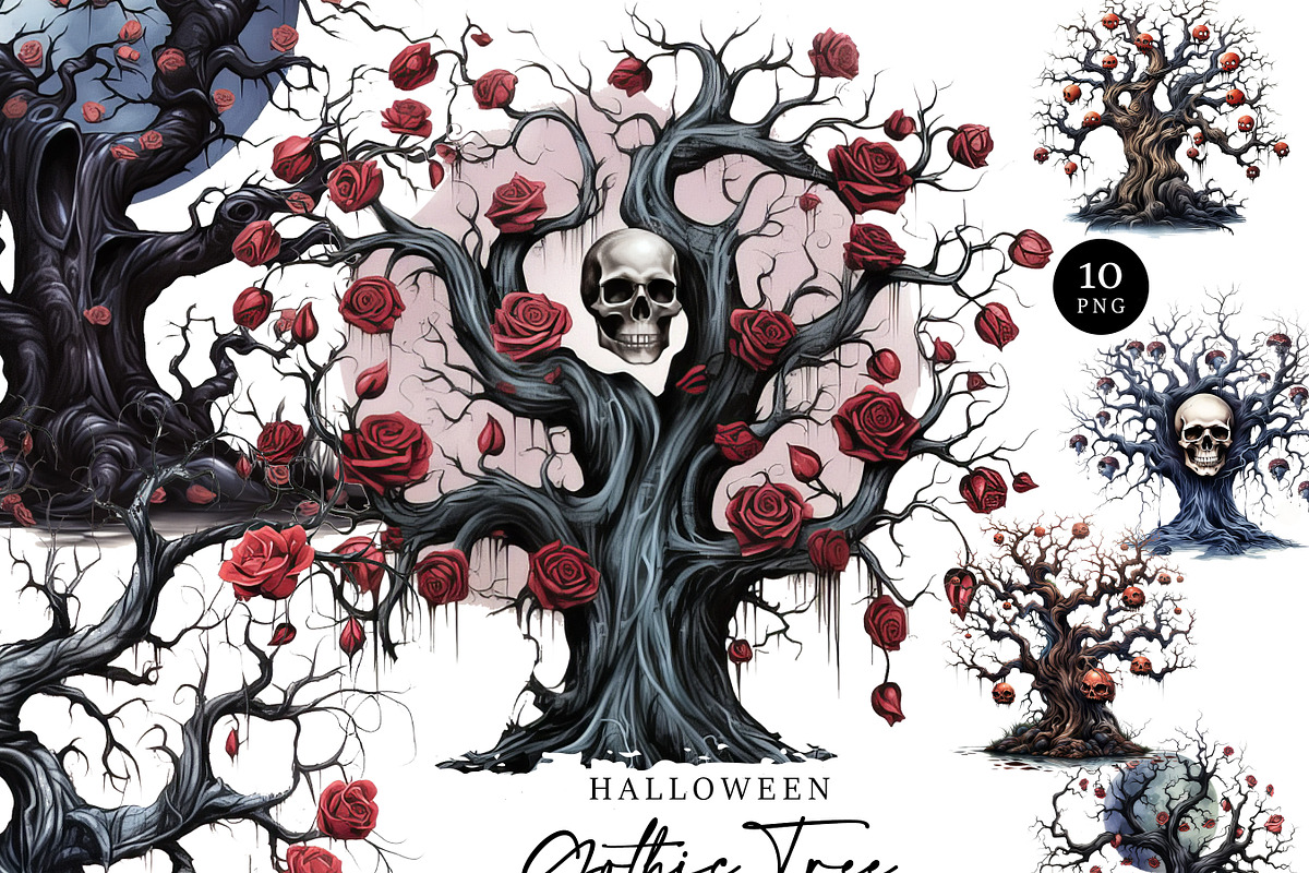 Halloween Gothic Tree Clipart Bundle, an Object Illustration by Design ...