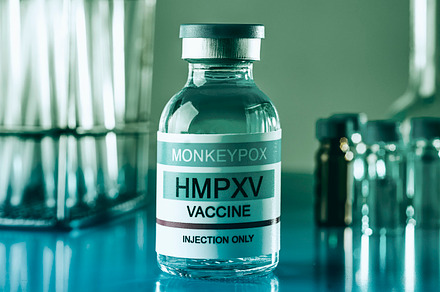 simulated vial of monkeypox vaccine, banner format, a Photo by Nito