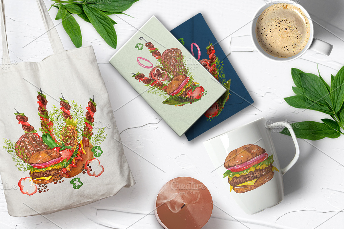 BBQ Watercolor Set, a Food Illustration by BarvArt | Creative Market