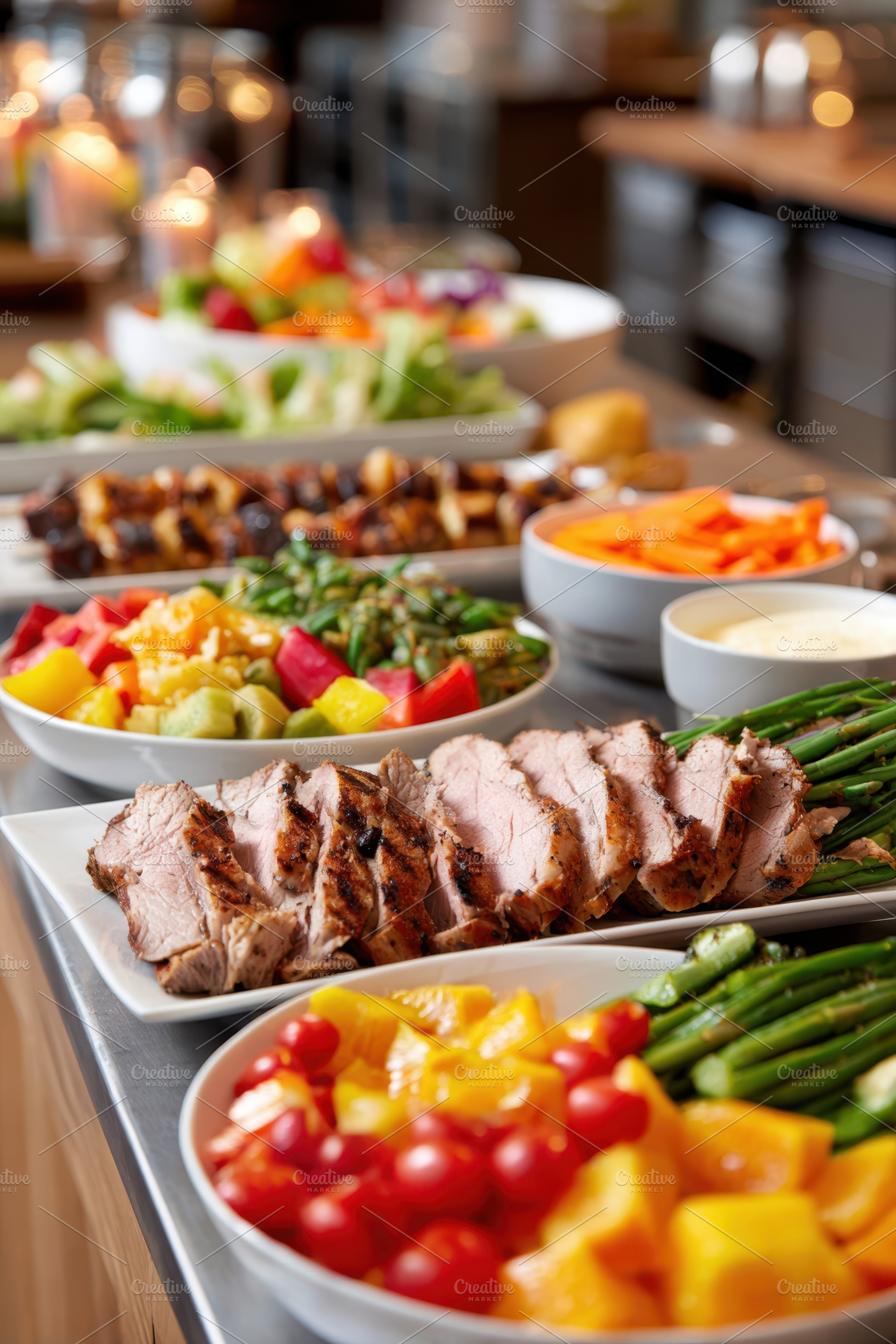 Buffet table with sliced roast beef and fresh fruit, a Food & Drink Photo by AlyaAnd