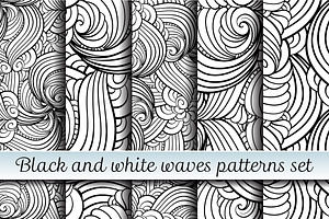 Black and white waves patterns set