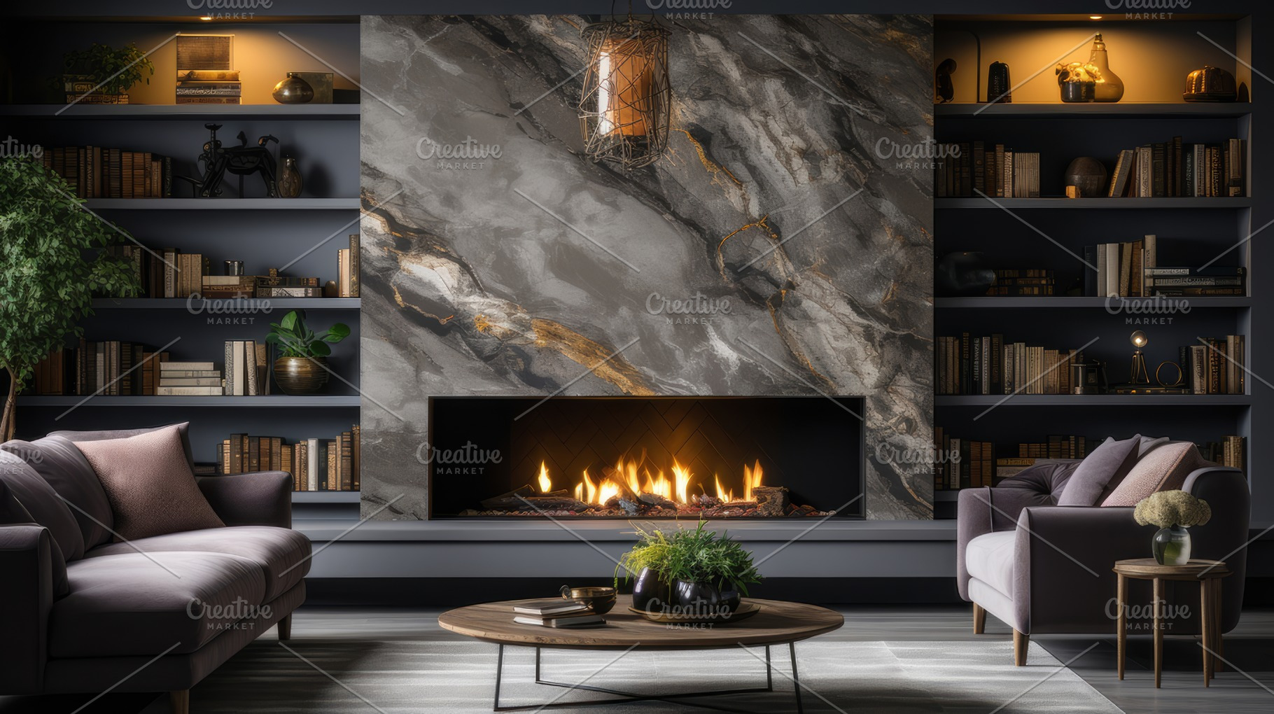 Elegant Living Room With Modern Marble Fireplace and Stylish Decor, a ...