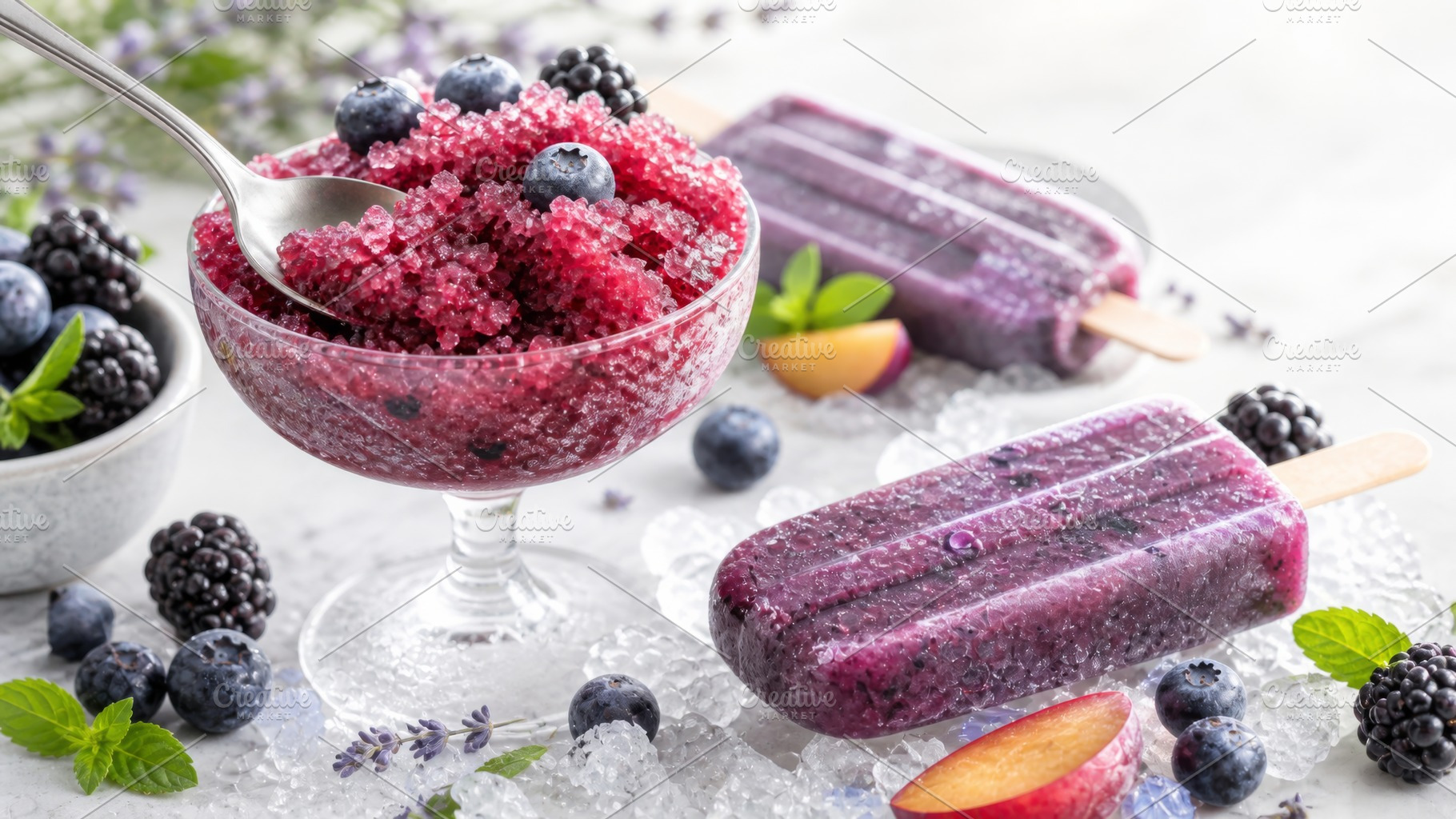 Berry popsicles and shaved ice with, a Photo by Dvoevnore photos