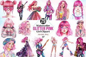Watercolor Glitter Pink Girl Clipart, an Illustration by Canvas Craft