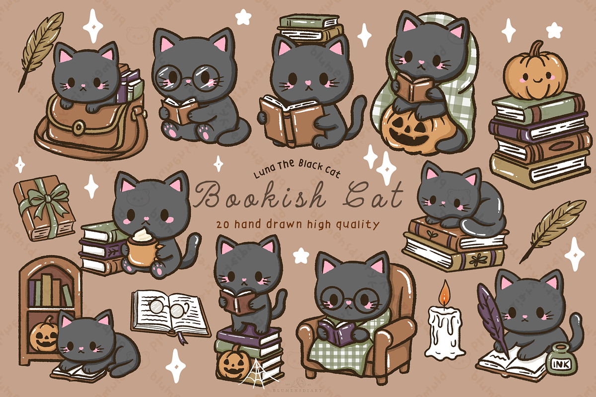 Bookish Black Cat Kawaii Clipart, an Animal Illustration by Blumensdiary (Photo 1 of 7)