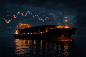 A cargo ship with illuminated lights, a Transportation Illustration by Sergey Kotenev