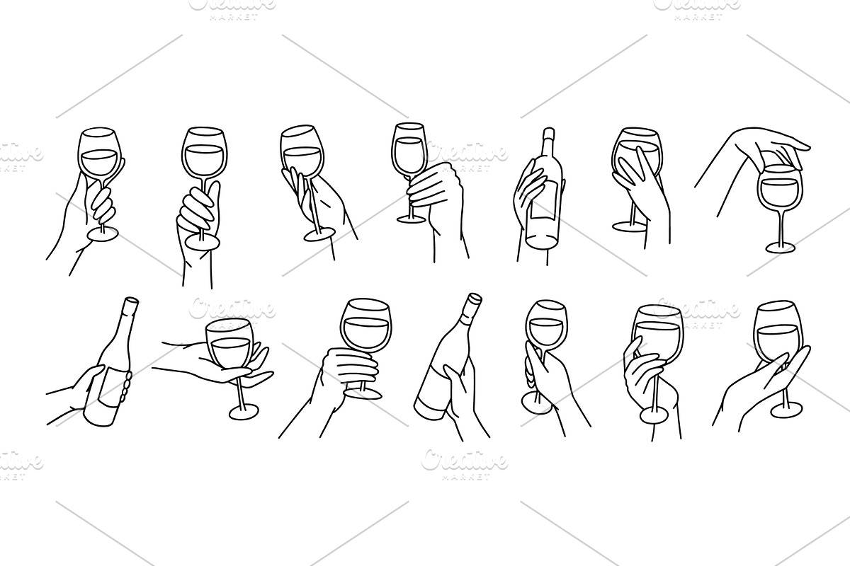 Wine glass and bottle hand holding, a Food Illustration by winwin.art