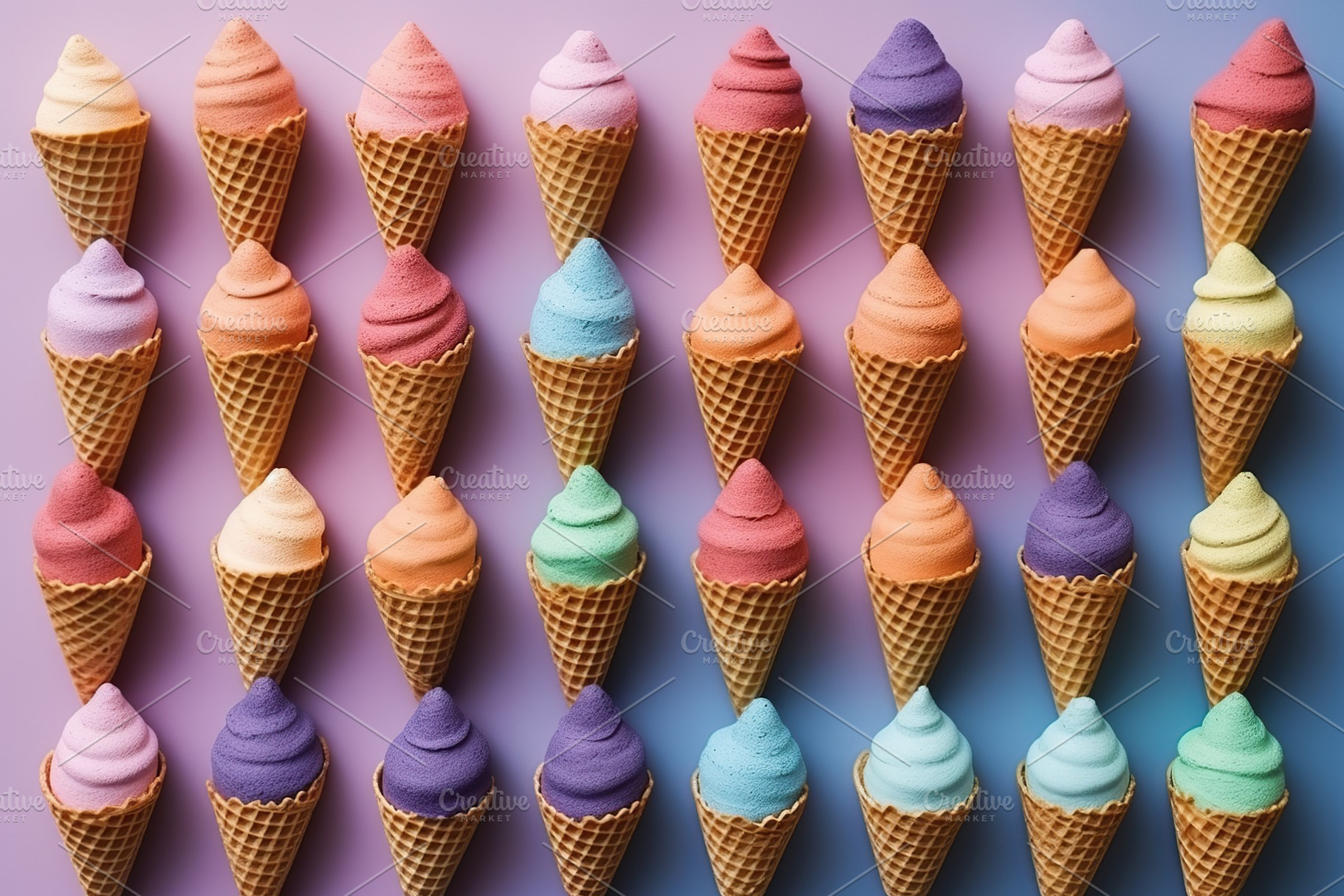 Colorful ice cream in waffles. Generative AI, a Food & Drink Photo by AlyaAnd