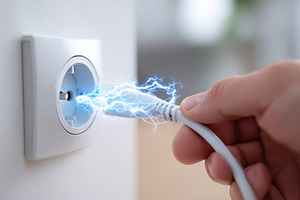 Hand plugging in an electric cord with sparks, a Technology Photo by AlyaAnd