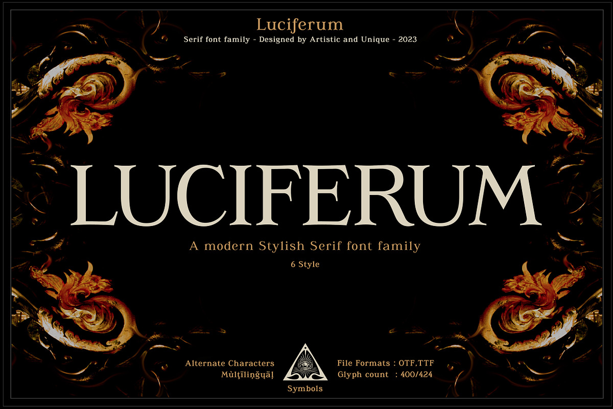 Luciferum - Serif font family, a Serif Font by Artistic & Unique (Photo 1 of 15)