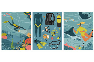 Diving with scuba gear and, an Illustration by vectorpointstudio