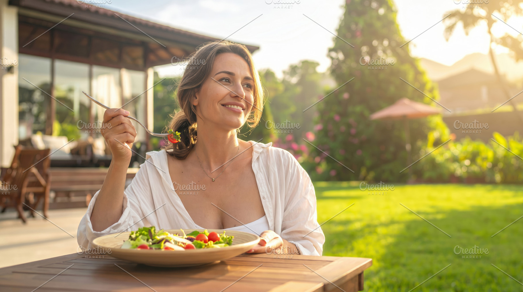 Woman Enjoying Fresh Salad Outdoors, a Person Photo by Davizro's Market