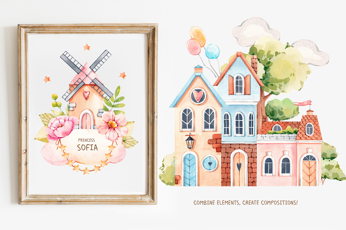 My little town. Watercolor clipart, a Decorative Illustration by VerAna (Photo 5 of 11)