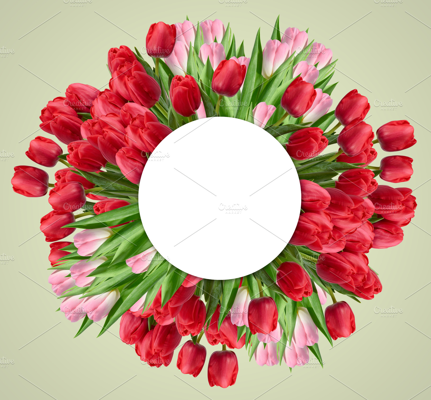 A circular frame of red and pink tulips with green leaves and a, a Holiday Photo by ndanko