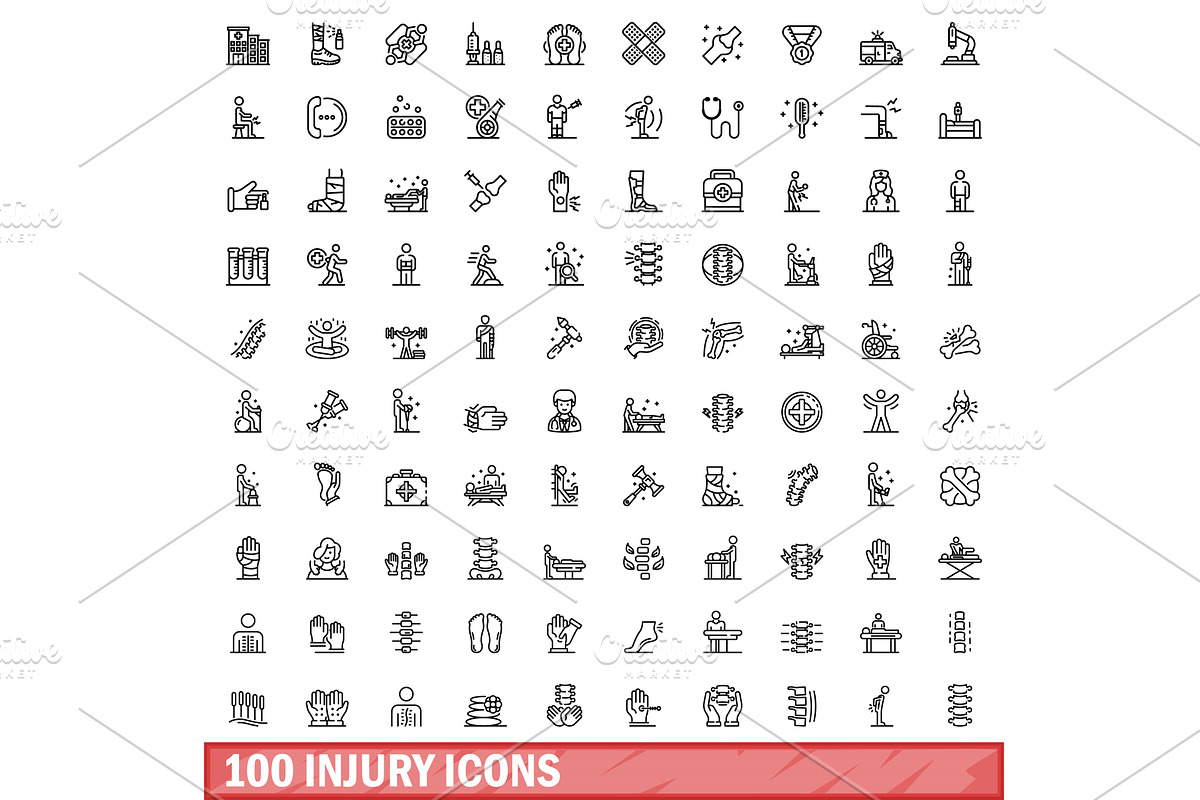 100 injury icons set, outline style, a Healthcare Illustration by Ylivdesign