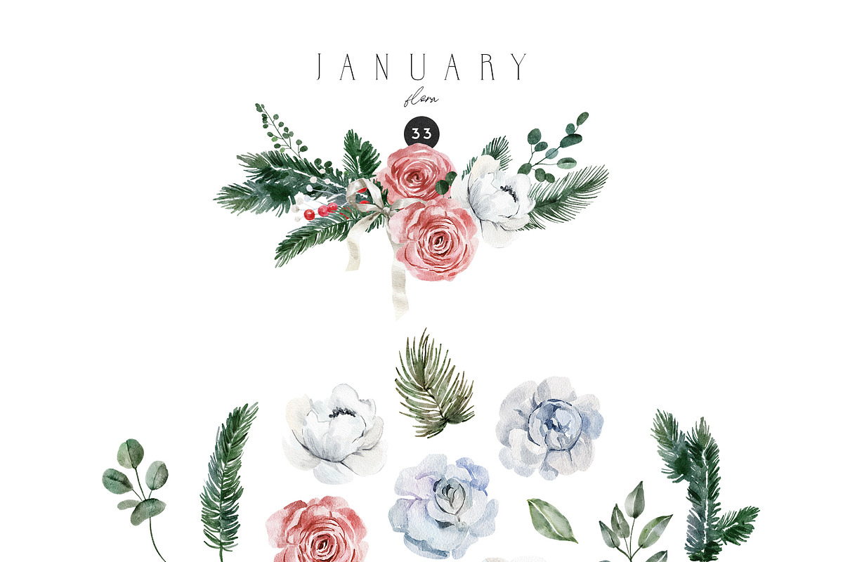 JANUARY Watercolor Winter Set, a Seasonal Illustration by Kaleriia (Photo 7 of 15)