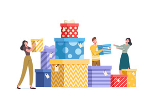 Happy People Carry Gift Boxes
