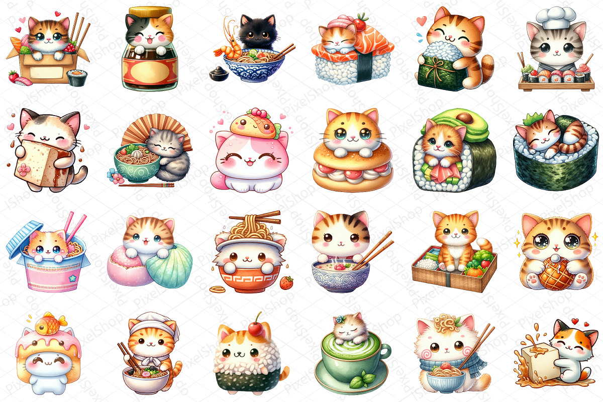Kawaii Cat Japanese Food Clipart, an Illustration by DreamPrint404 (Photo 5 of 6)