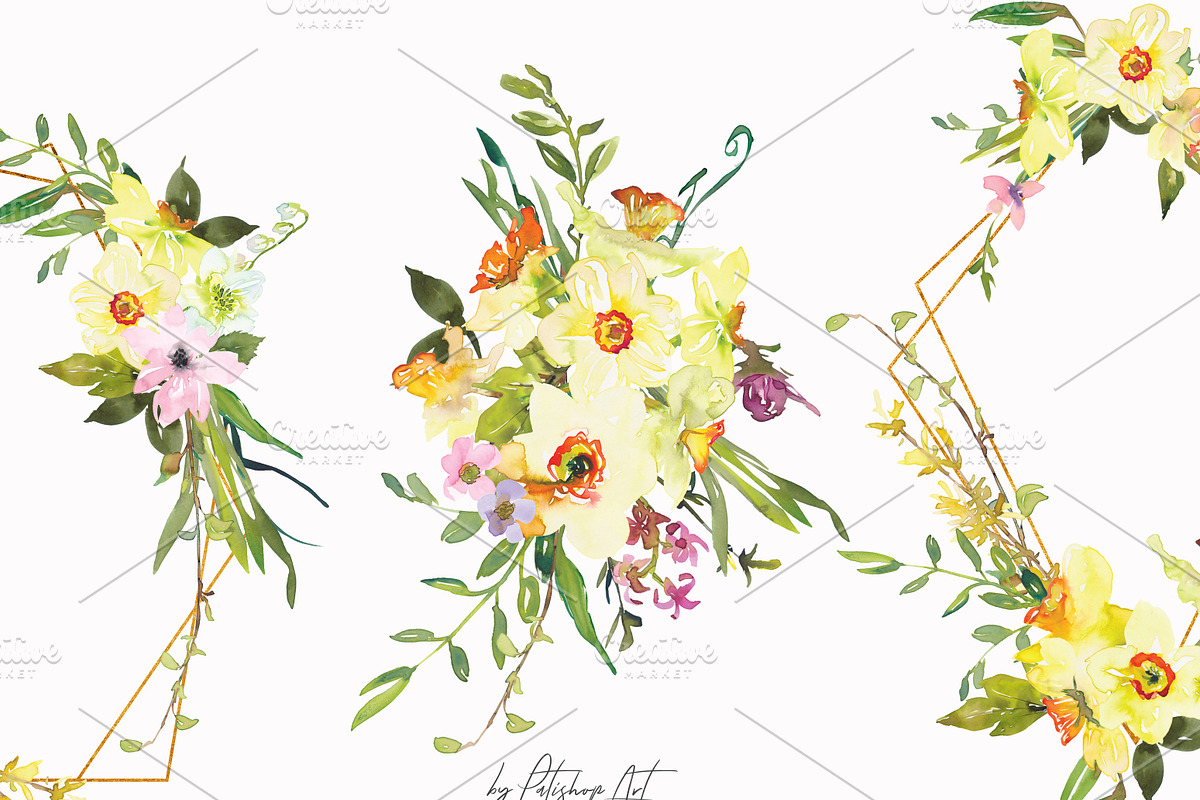Watercolor Daffodil Bouquet & Frames, an Illustration by Patishop Art (Photo 5 of 7)
