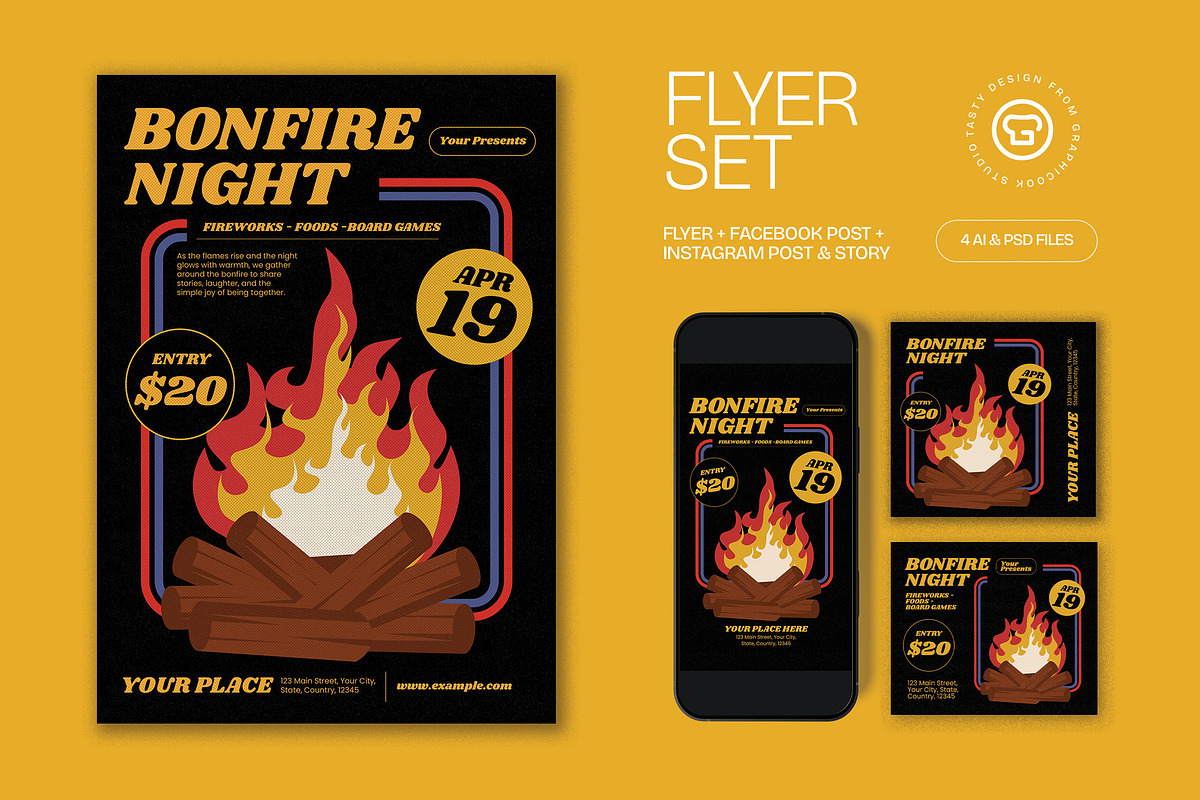 Black Yellow Bonfire Night Flyer Set, a Flyer Template by graphicook (Photo 1 of 3)