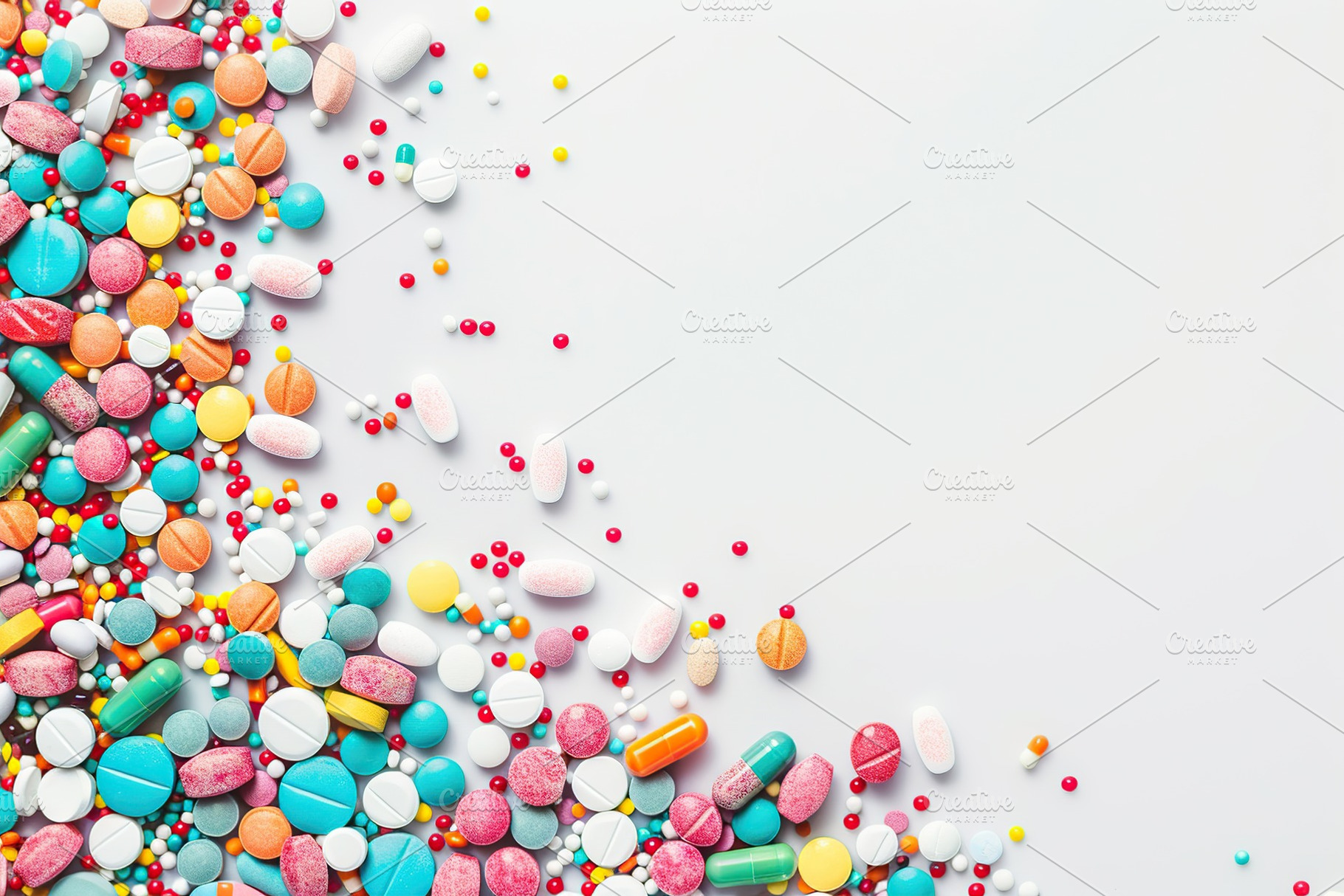 Colorful medicine pills with copyspace on white background, a Health & Medical Photo by AlyaAnd