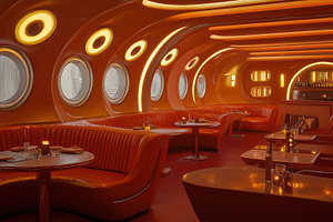 A modern, futuristic restaurant interior featuring orange walls and circular wi, an Arts & Entertainment Photo by Textures & Backgrounds