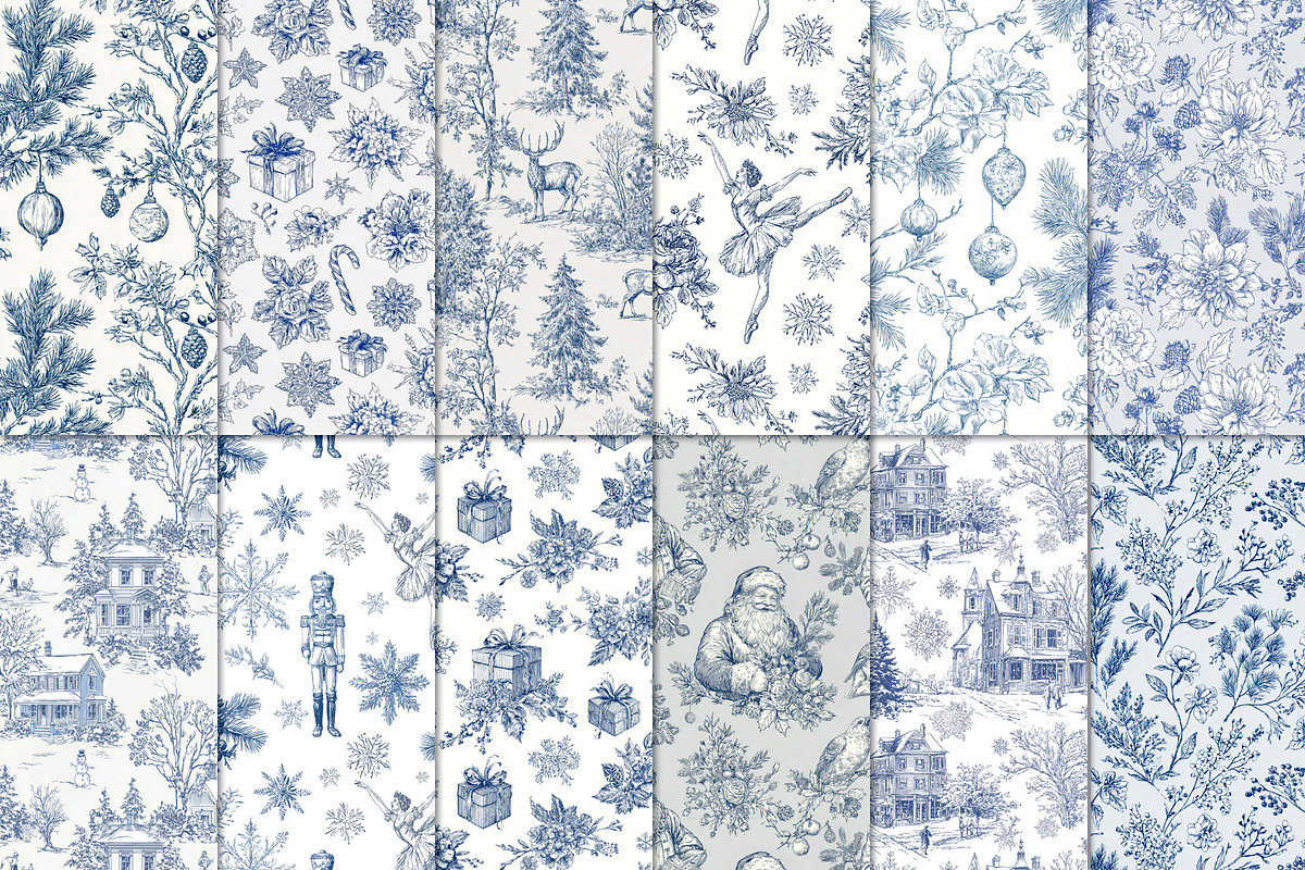 Christmas Magic Blue Toile Patterns