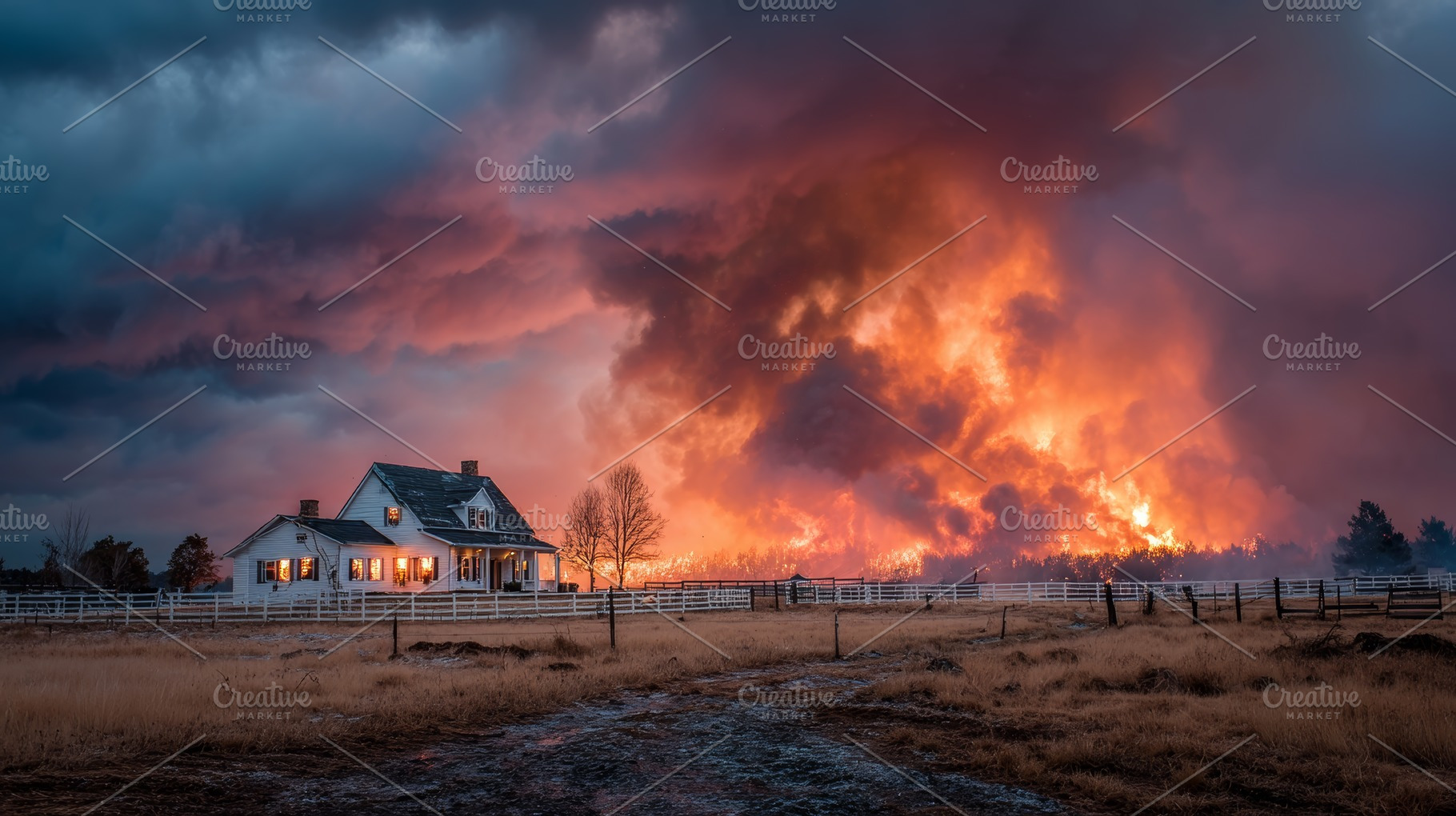 Farmhouse surrounded by fields under dramatic fire and smoky skies, a Photo by AS photostudio