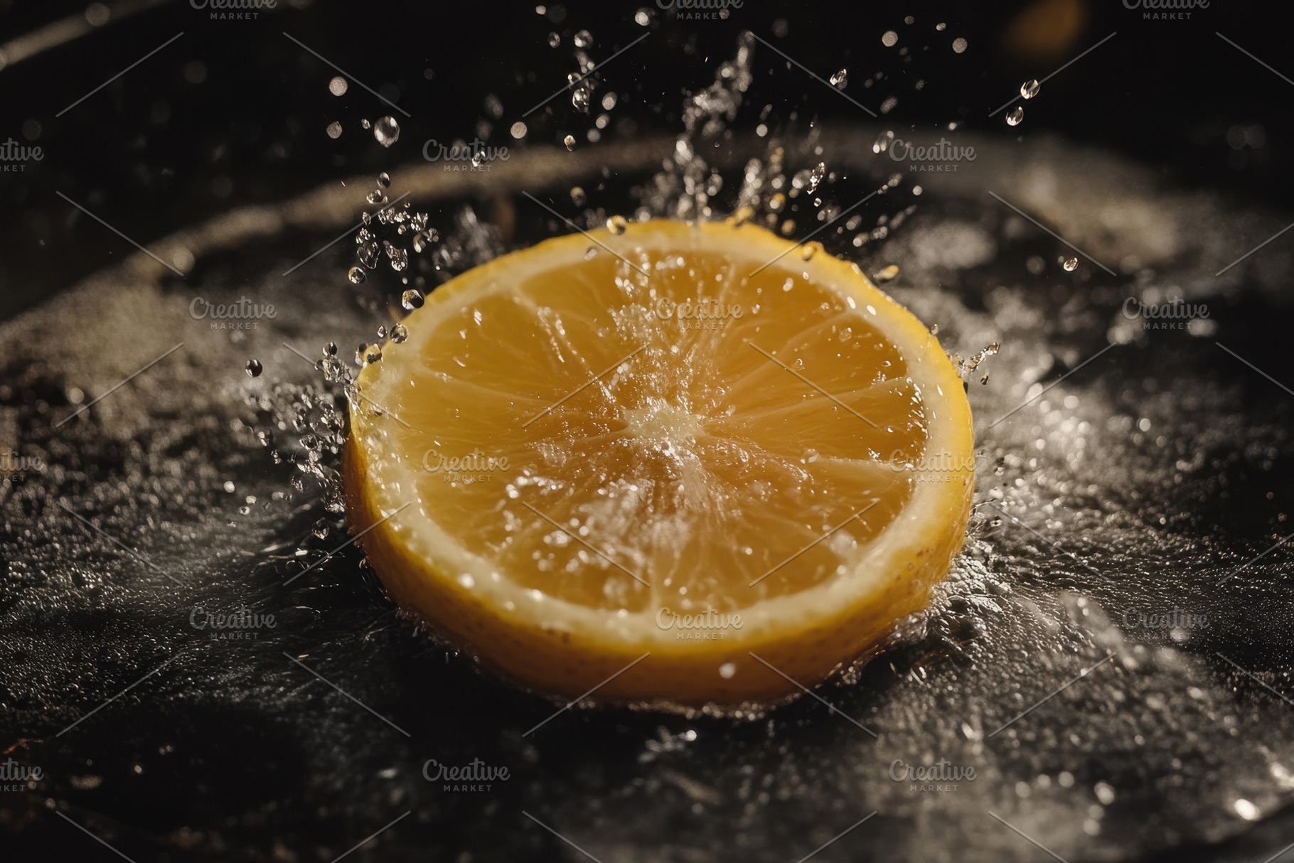 Lemon slice splashes water droplets, a Photo by Tanuart