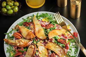 Salad with Pear, Arugula, Jamon, Blue Cheese and Blueberry, Deli, a Food & Drink Photo by Budarinphoto