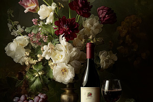 Still life featuring a luxurious floral arrangement, red wine, glasses, and gra, a Food & Drink Photo by Anneleven